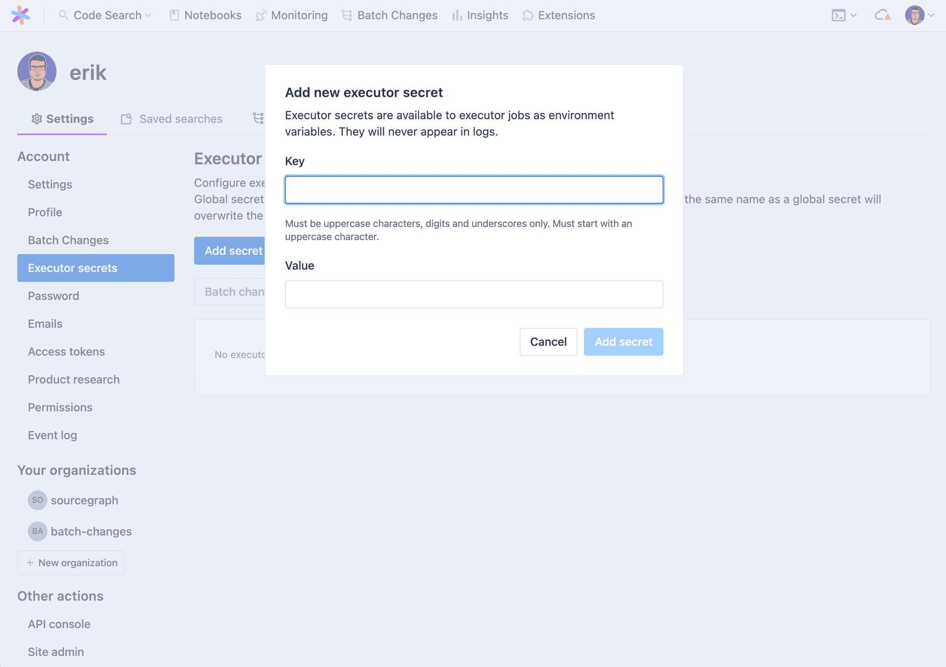 Create executor secret dialog
