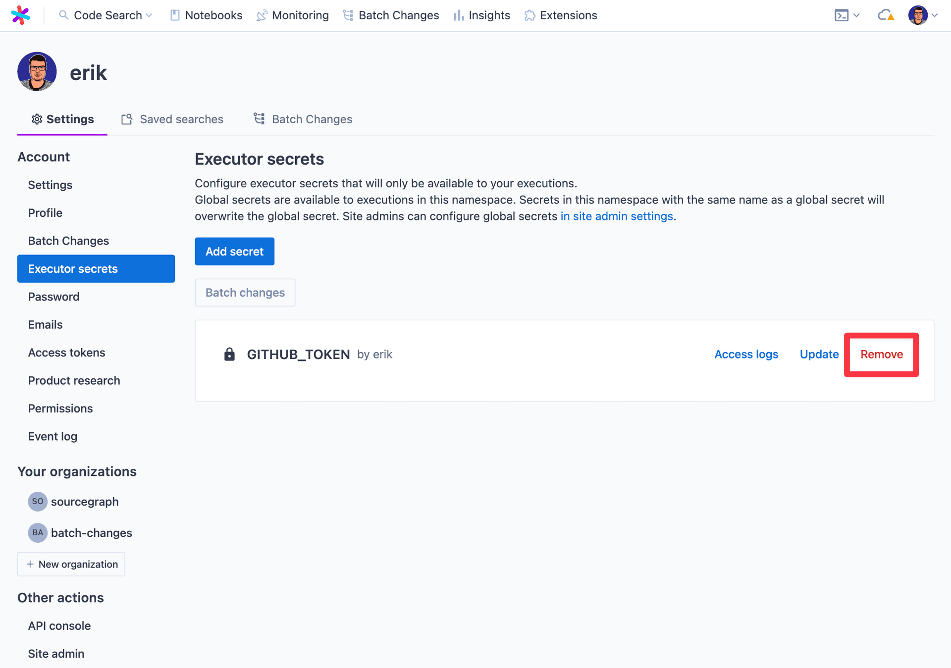 Remove executor secret dialog
